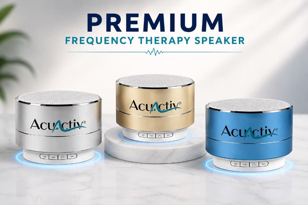AcuActiv Premium Frequency Therapy Speakers in silver, gold, and blue